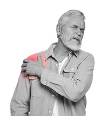 Arthritis. Senior man suffering from pain in shoulder on white background. Black and white toning...