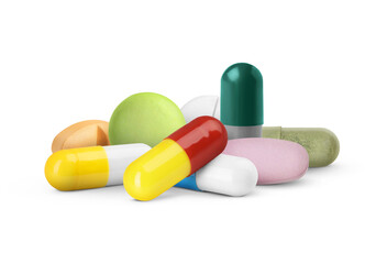 Many different antibiotic pills on white background