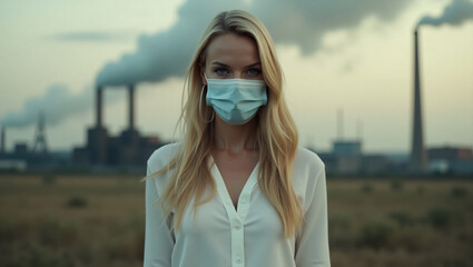 A woman wearing a protective face mask in an industrial area, reflecting on environmental issues and concerns. The scene captures a sense of worry amidst pollution