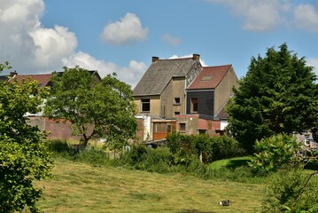 Prairies derrières les jardins des maisons traditionnelles à Écaussinnes d'Ebghien 
