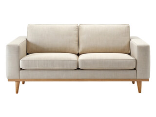 Elegant two seater sofa with light fabric upholstery and wooden base