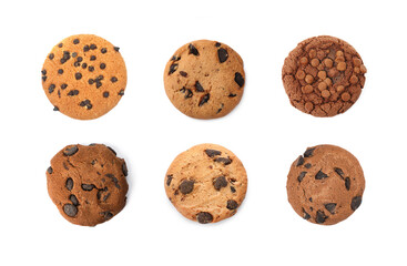 Yummy chocolate chip cookies isolated on white, set