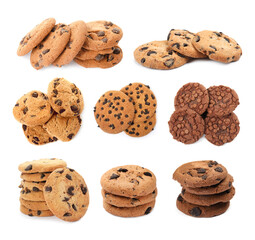 Yummy chocolate chip cookies isolated on white, collage