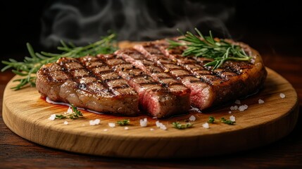 Sizzling, perfectly grilled steak slices on a wooden board