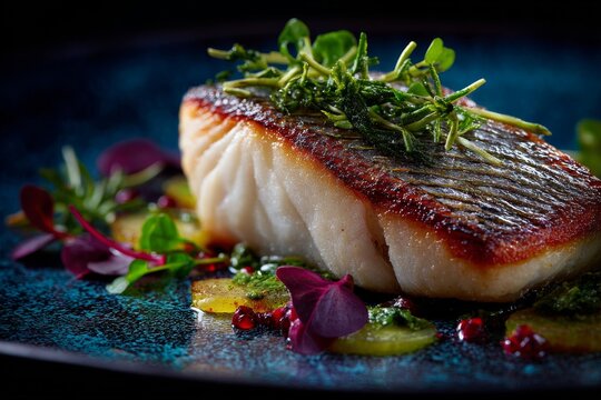 A stunning close-up showcases a beautifully seared fish, plated with vibrant garnishes.