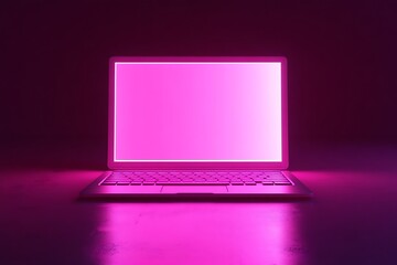 Laptop screen glows with pink light