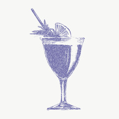 Vintage ink blue sketch of cocktail and drink with noisy gritty dot halftone effect. Grunge style illustration for classic beverage branding and cafe menu, Italian style.