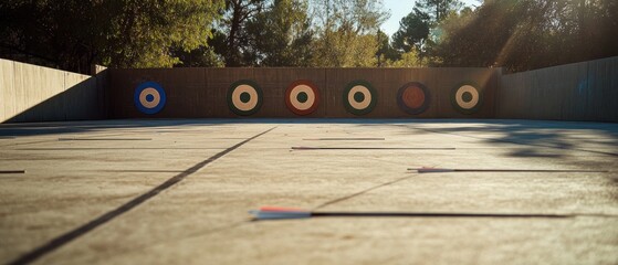 Archery range with scattered arrows and targets under the sunlight