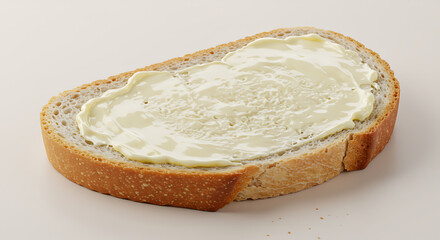 Buttered slice of whole grain bread on a white background  