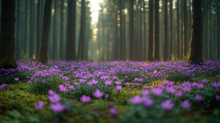 Sunrise in purple flower forest path