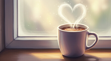 Obraz premium Warm cup of coffee with heart-shaped steam against a window 