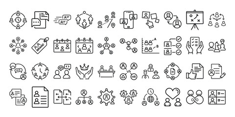Successful business collaboration thin line icon set. Containing teamwork, cooperation, team working together, agreement, handshake, support, help, group people, partnership, organization. Vector