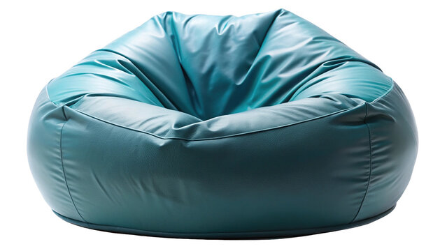 A close up view of an isolated turquoise faux leather bean bag