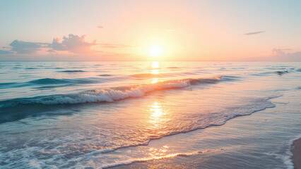Fototapeta premium Sunrise over calm ocean waves on sandy beach.