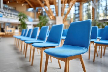 Fototapeta premium Rows of blue chairs arranged for an event in a modern indoor space with wooden architecture and large windows