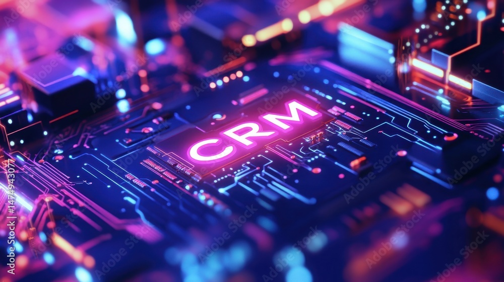 Poster crm system displayed on a glowing circuit board