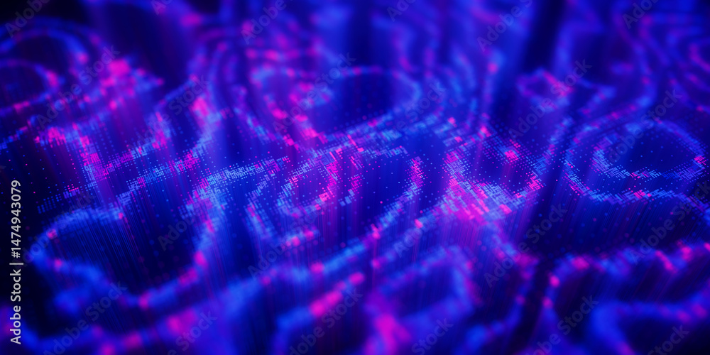 Poster Big Data clusters complex graph. Quantum computing patterns. Cyber space of AI technology neural connections. Futuristic graph. Digital information presentation. 