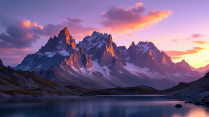 Majestic mountain range at sunset, reflecting in a calm lake.