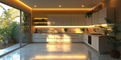 Modern kitchen with warm lighting and tropical plants creates an inviting atmosphere in a contemporary home during golden hour