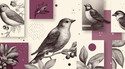 Birds, botanicals, vintage, abstract art collage