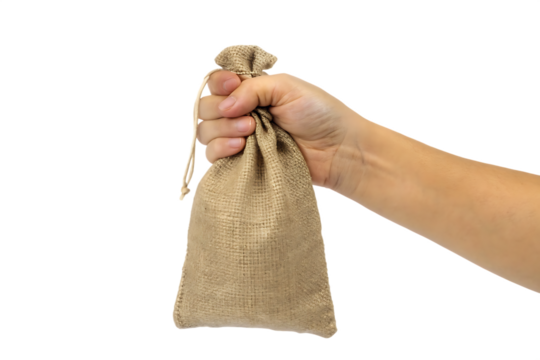Hand holding bag sackcloth isolated on transparent background.PNG