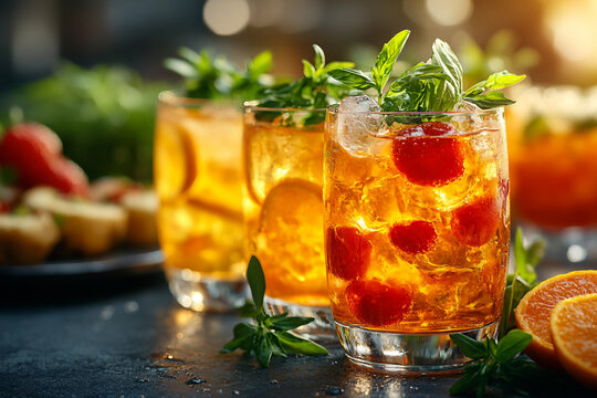 Colorful selection of classic and unusual cocktails with garnish on bar counter in elegant glasses, generative ai