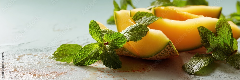 Aufkleber sliced melon with fresh mint leaves on a table in soft light for a refreshing summer treat