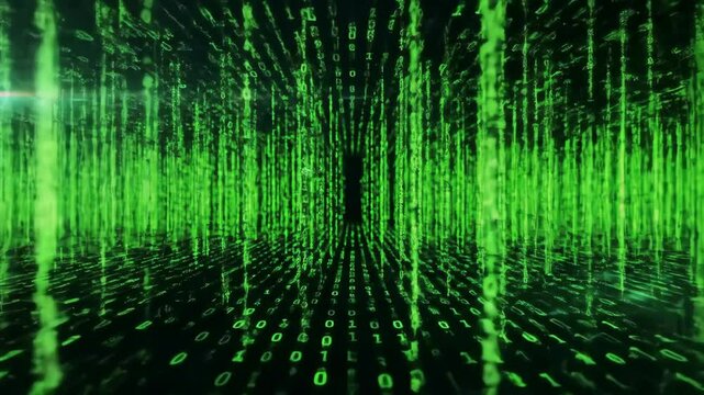 Digital matrix tunnel of green binary code.
