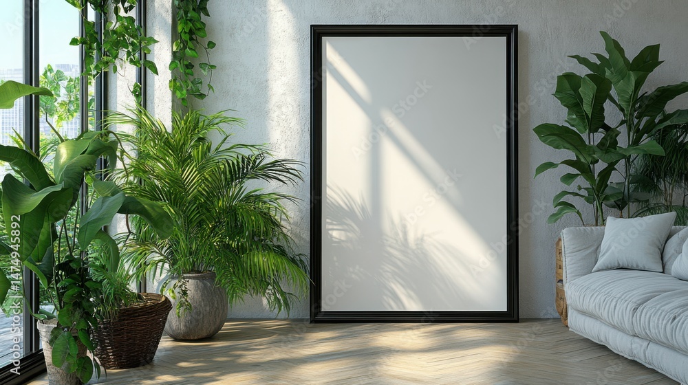 Poster oversized gallery frame - a large empty black gallery-style frame leaning against a white wall with 