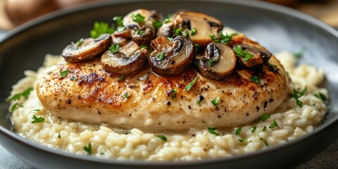 Delicious grilled chicken breast topped with sautéed mushrooms served over creamy risotto