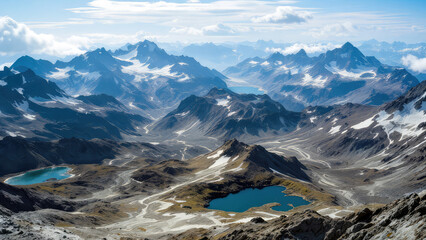 Aerial view of majestic mountain range with glacial lakes