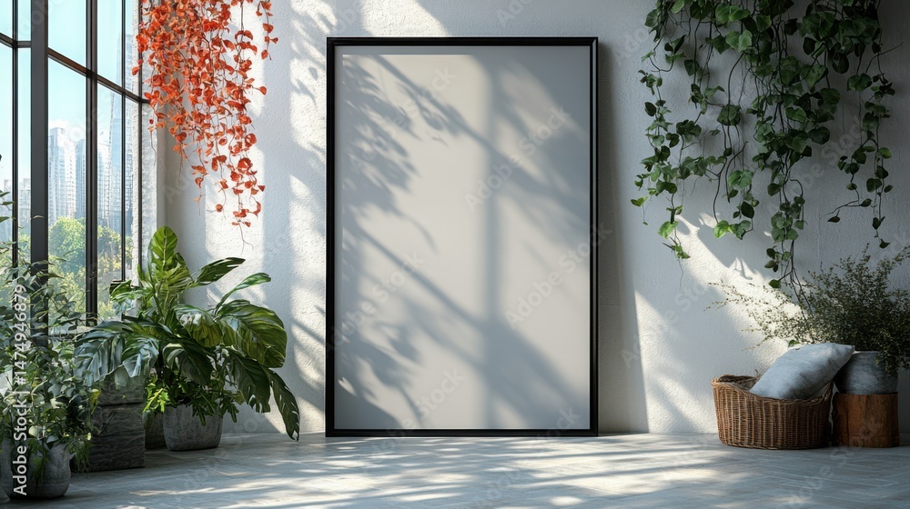 Poster oversized gallery frame - a large empty black gallery-style frame leaning against a white wall with 
