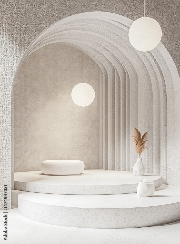 Poster minimalist white archway display with platform and pampas grass
