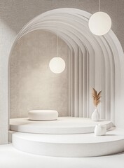 Minimalist white archway display with platform and pampas grass