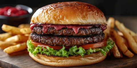 Juicy double burger with fries fast food restaurant food delicious