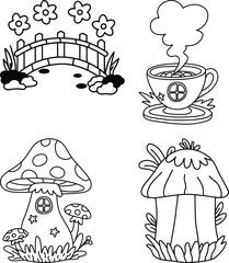 Whimsical Fairy Tale Coloring Pages – Cute Bridge, Tea Cup, and Mushroom Houses
