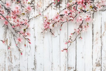 Delicate pink blossoms cascade over a weathered white wooden background, creating a spring-like aesthetic