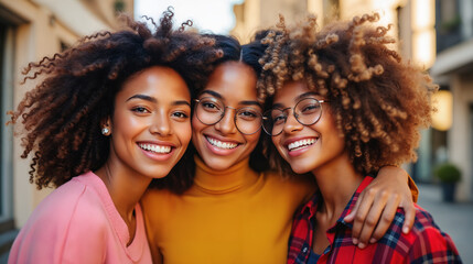 Fototapeta premium Diverse Young Women Friends Embracing – Joyful African American Women with Natural Hairstyles for International Friendship Day, Cultural Unity, and Diverse Friendship Celebrations