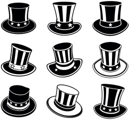 Uncle Sam Top Hat Icons Set, Vector Illustration of Patriotic American Hats