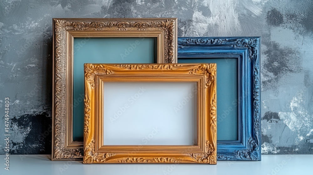 Poster stacked frames composition - three empty picture frames of different sizes and styles stacked artful