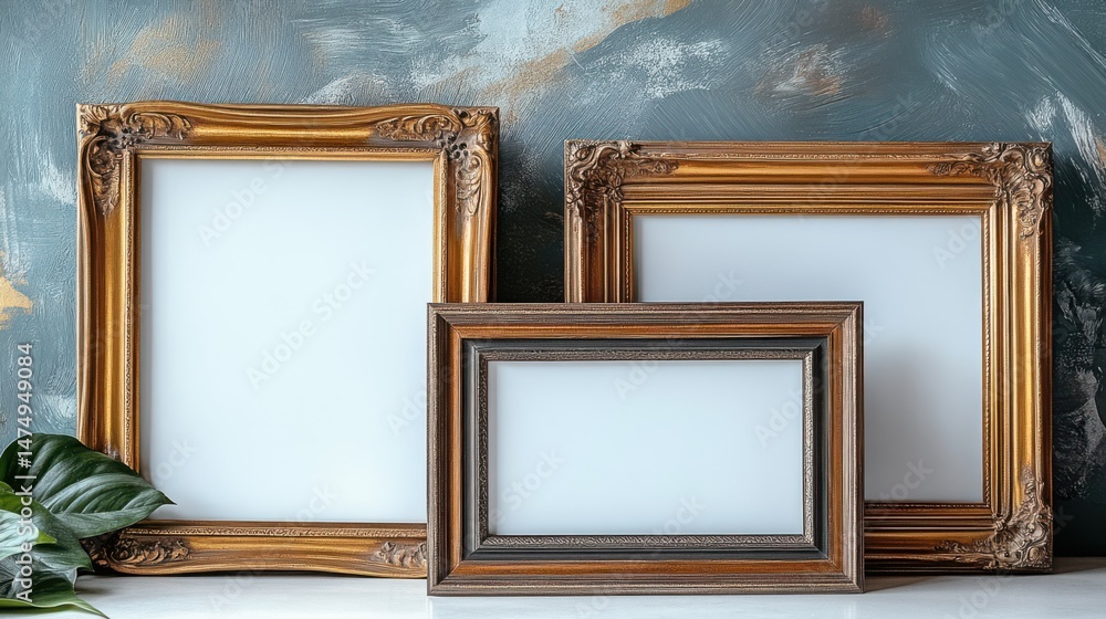 Poster stacked frames composition - three empty picture frames of different sizes and styles stacked artful