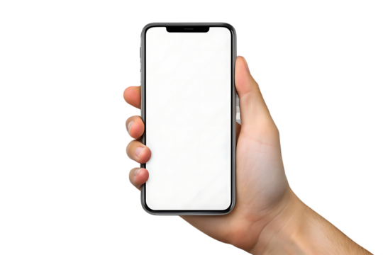 Hand holding modern smart phone mockup on transparent background.PNG - Powered by Adobe