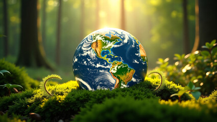 A captivating image of earth, showcasing the planet set within a vibrant forest setting. This visually striking piece emphasizes the critical connection between the earth and its environment.