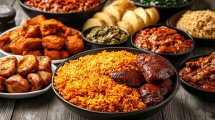 Obraz premium A Delicious Spread of Nigerian Cuisine: Jollof Rice, Plantain, and More