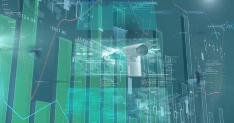 Image of cctv camera, statistics and financial data processing over city