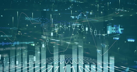 Image of statistics and financial data processing over city