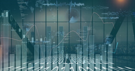 Image of statistics and financial data processing over city