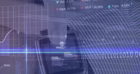 Showing overlay on screen, with binary, grid, line chart, stock tickers and percent changes