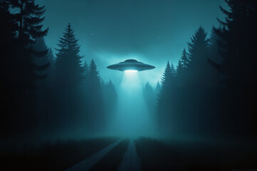 Mysterious UFO Hovering Over Forest Road – Glowing Alien Spacecraft in Night Sky with Light Beam for World UFO Day Illustrations and Extraterrestrial Encounter Art