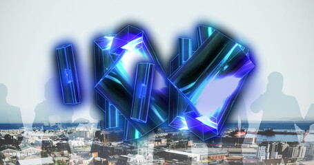 Image of blue crystals over cityscape